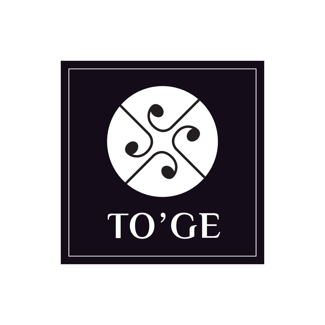 TO’GE logo with a white circular emblem and stylized black motifs on a dark square background