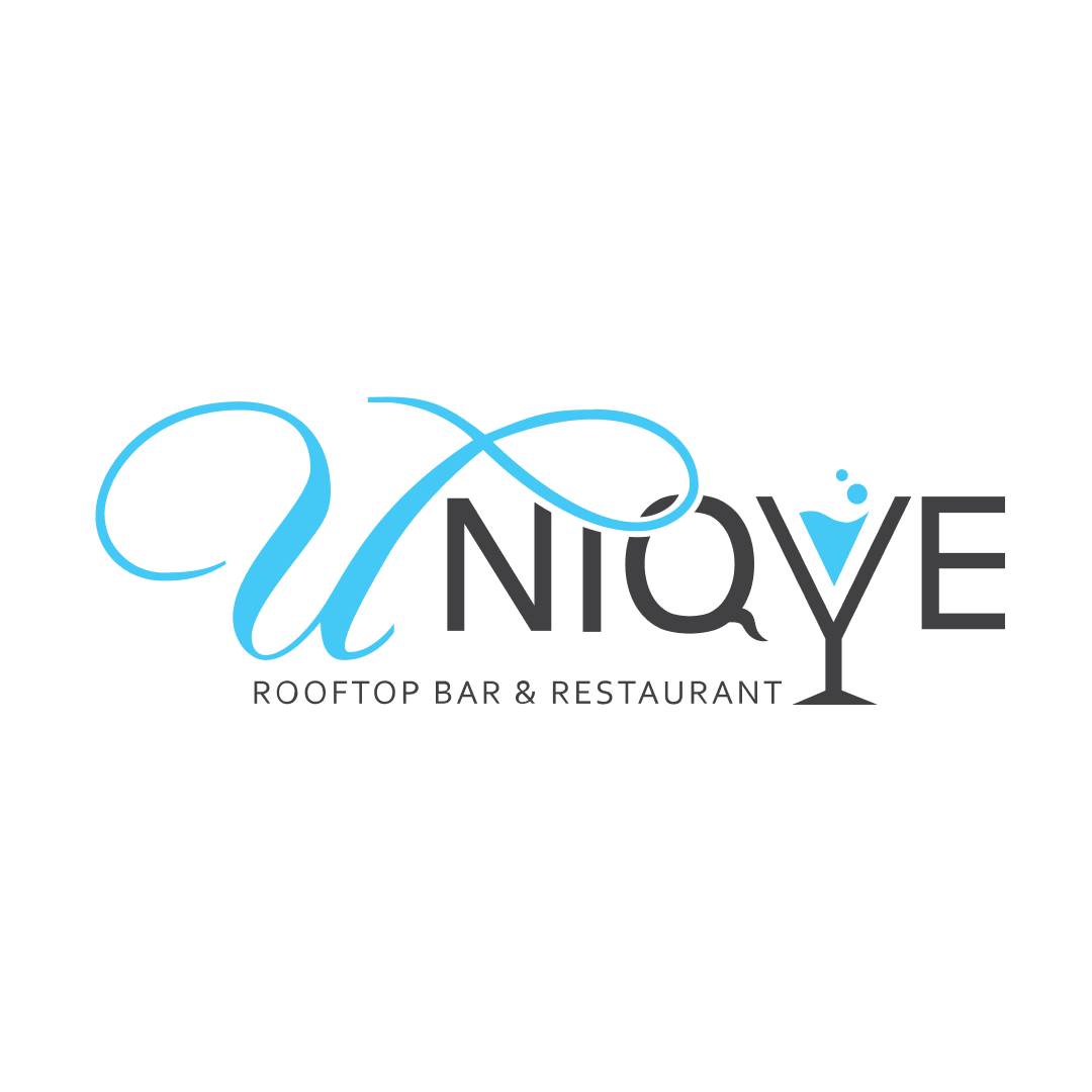 Unique Rooftop Bar & Restaurant logo with a blue script U and martini glass forming the Y on a white background