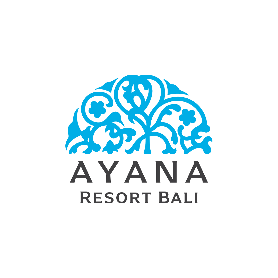 AYANA Resort Bali logo with blue ornamental emblem above black text on a white background