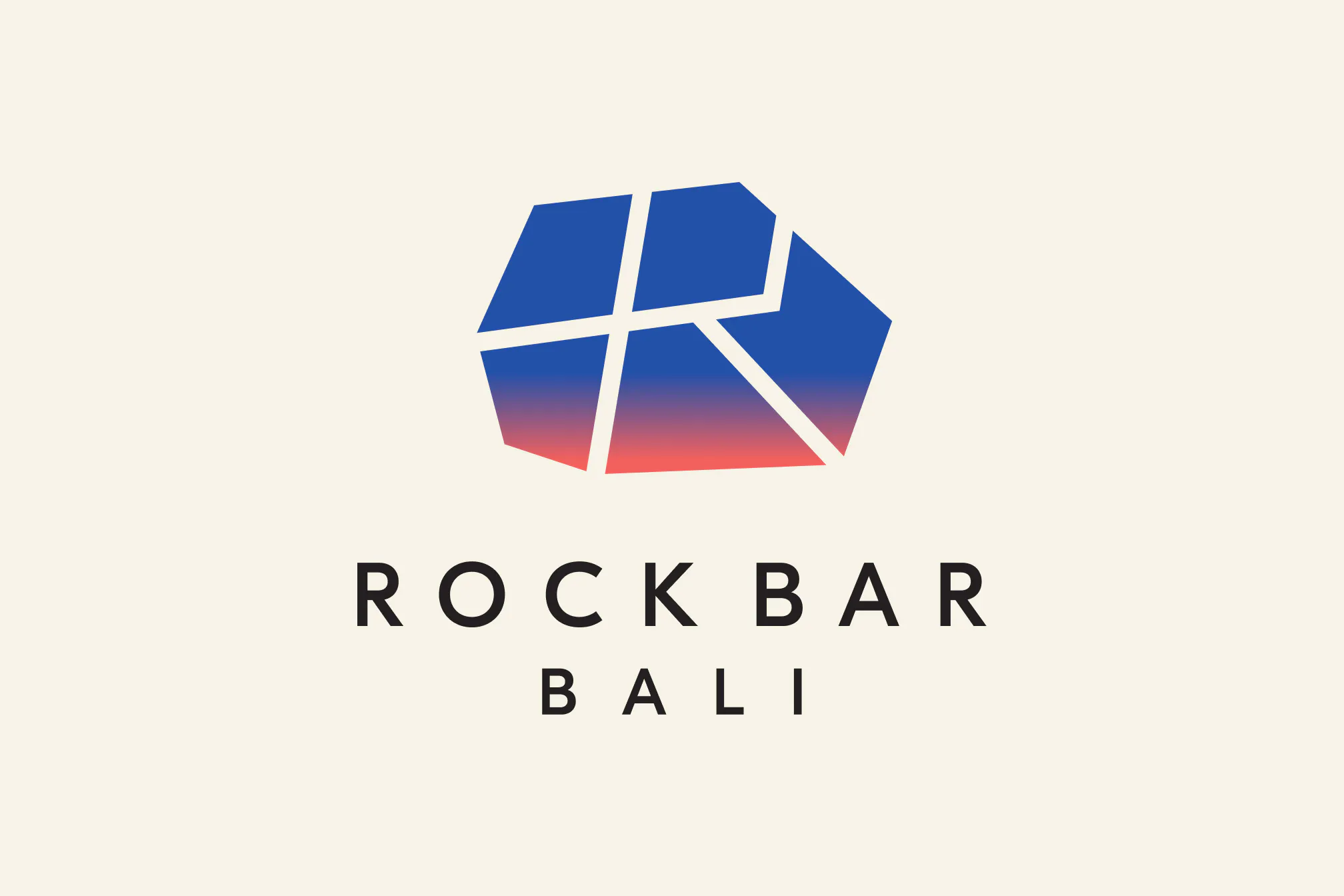 Rock Bar Bali logo with a blue and pink geometric rock icon above black text on a cream background