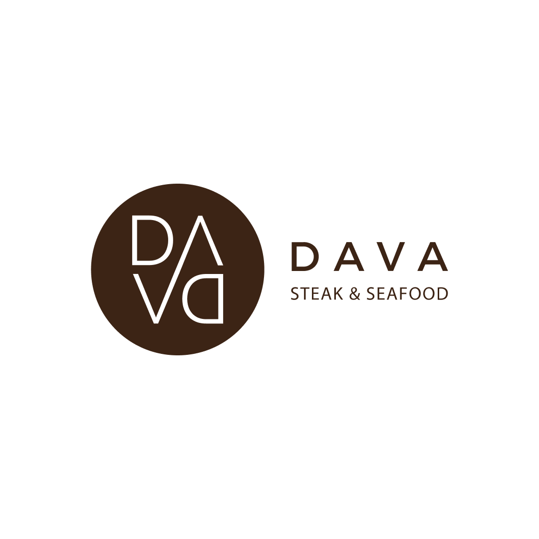 DAVA Steak & Seafood logo in brown on a white background